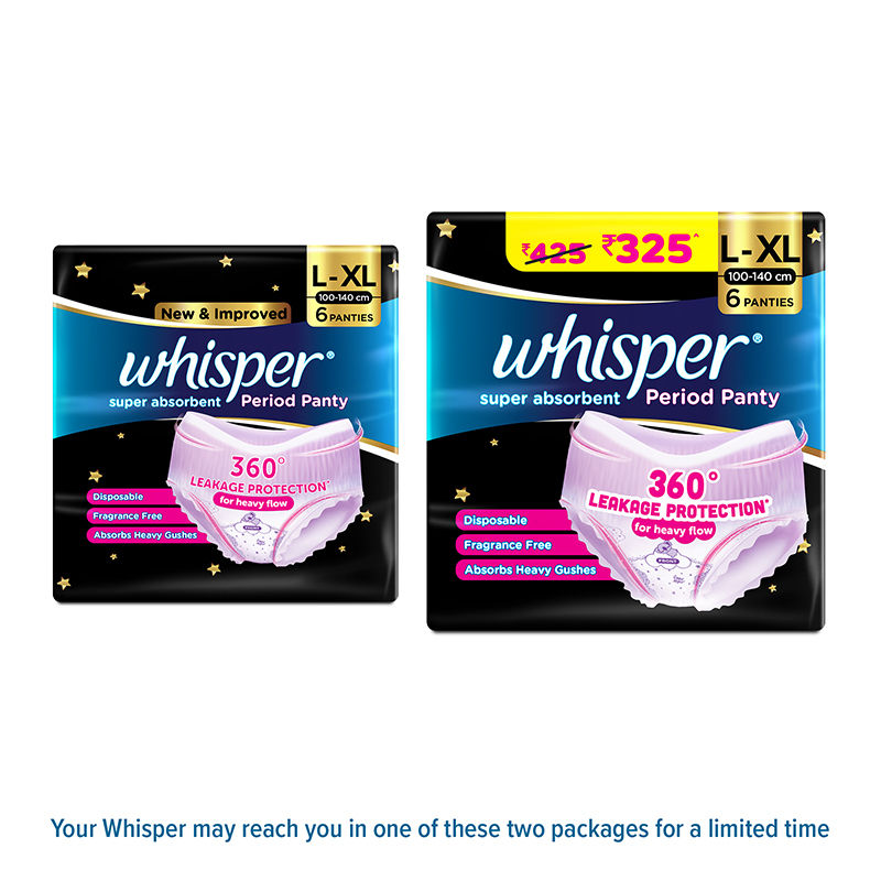Whisper Super Absorbent Period Panty, 6 L-XL Pants, 360 Degree Leakage Protection for Heavy Flow