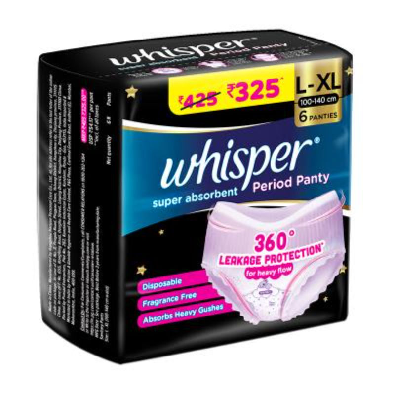Whisper Super Absorbent Period Panty, 6 L-XL Pants, 360 Degree Leakage Protection for Heavy Flow