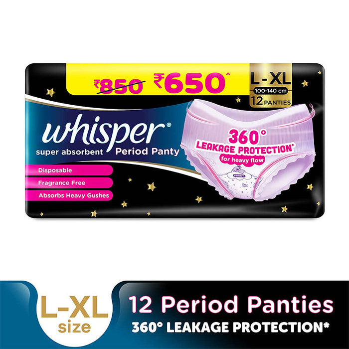 Whisper Super Absorbent Period Panty, 12 L-XL Pants, 360 Degree Leakage Protection for Heavy Flow