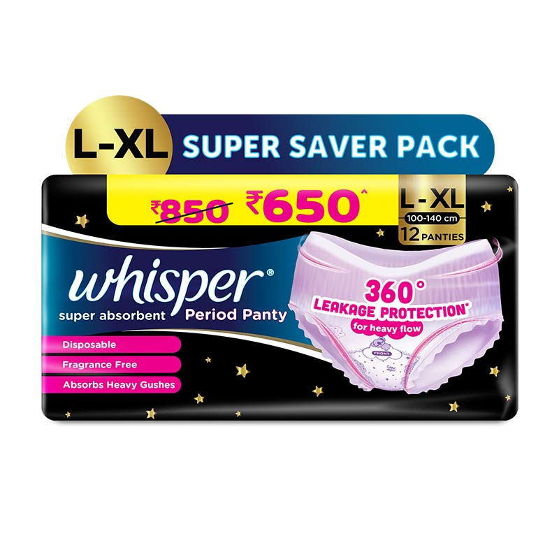 Whisper Super Absorbent Period Panty, 12 L-XL Pants, 360 Degree Leakage Protection for Heavy Flow