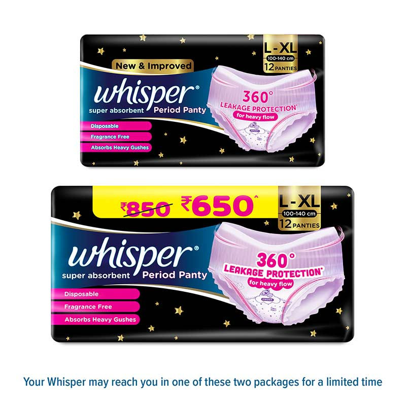 Whisper Super Absorbent Period Panty, 12 L-XL Pants, 360 Degree Leakage Protection for Heavy Flow