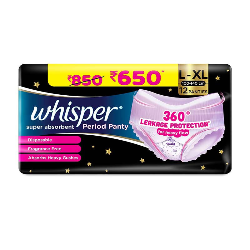 Whisper Super Absorbent Period Panty, 12 L-XL Pants, 360 Degree Leakage Protection for Heavy Flow