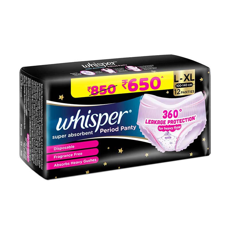 Whisper Super Absorbent Period Panty, 12 L-XL Pants, 360 Degree Leakage Protection for Heavy Flow