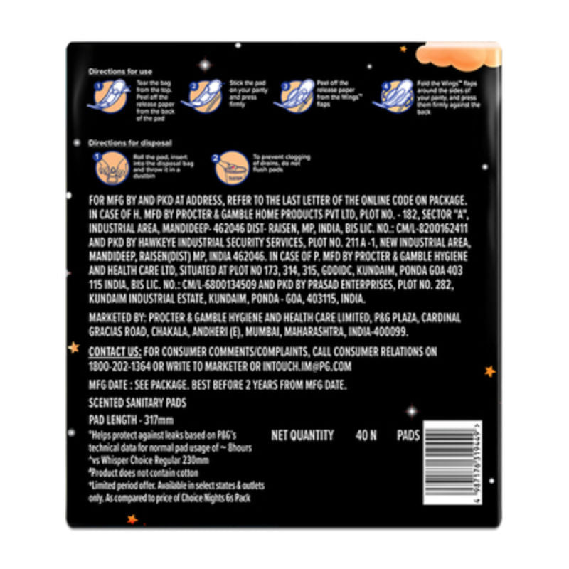 Whisper Choice Nights, 40 XXL Pads, Gives Up to 100% worry-free protection all night