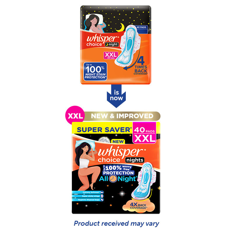 Whisper Choice Nights, 40 XXL Pads, Gives Up to 100% worry-free protection all night
