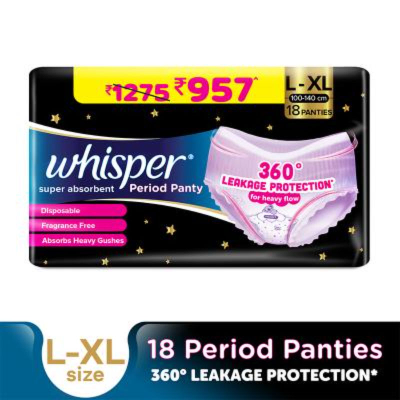 Whisper Super Absorbent Period Panty, 18 L-XL Pants, 360 Degree Leakage Protection for Heavy Flow