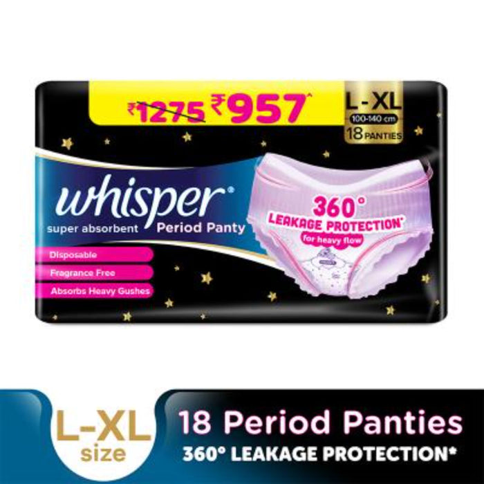 Whisper Super Absorbent Period Panty, 18 L-XL Pants, 360 Degree Leakage Protection for Heavy Flow