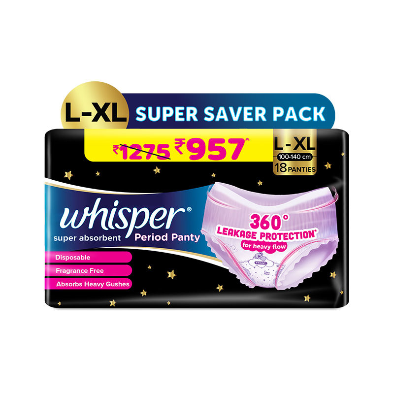 Whisper Super Absorbent Period Panty, 18 L-XL Pants, 360 Degree Leakage Protection for Heavy Flow
