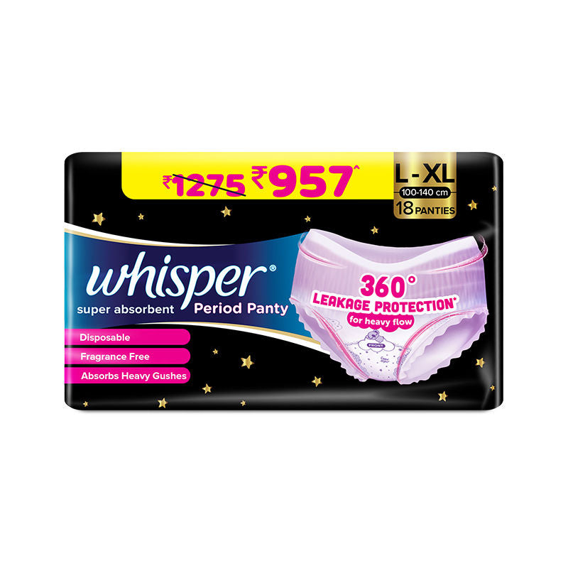 Whisper Super Absorbent Period Panty, 18 L-XL Pants, 360 Degree Leakage Protection for Heavy Flow