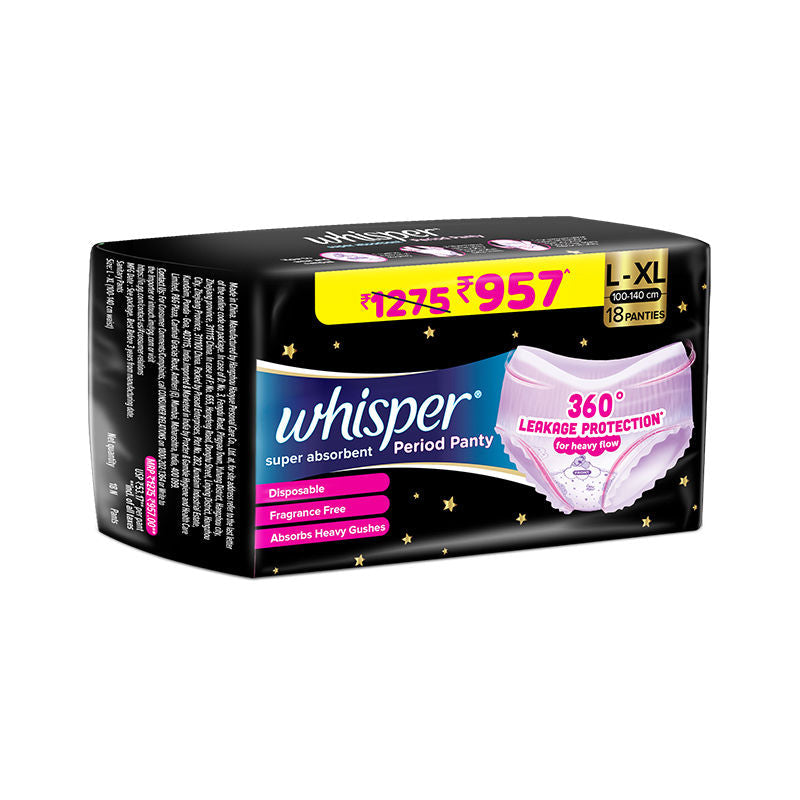 Whisper Super Absorbent Period Panty, 18 L-XL Pants, 360 Degree Leakage Protection for Heavy Flow