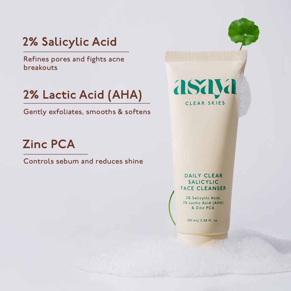Asaya Daily Clear 2% Salicylic Acid Face Wash for Oily & Acne-Prone Skin with Lactic Acid & Zinc PCA