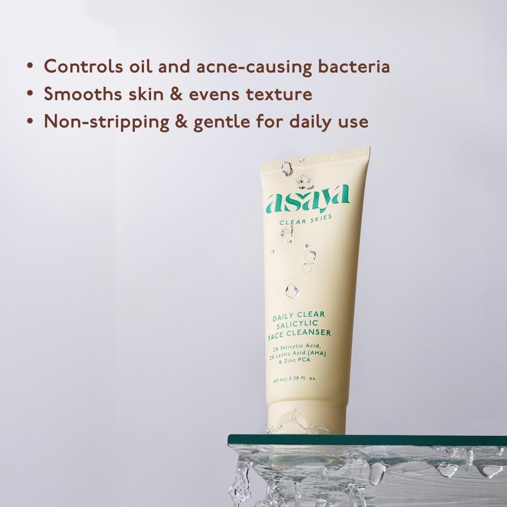 Asaya Daily Clear 2% Salicylic Acid Face Wash for Oily & Acne-Prone Skin with Lactic Acid & Zinc PCA