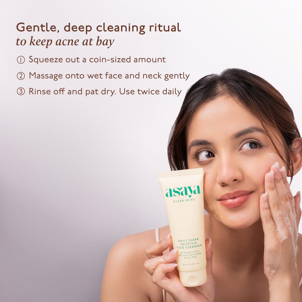 Asaya Daily Clear 2% Salicylic Acid Face Wash for Oily & Acne-Prone Skin with Lactic Acid & Zinc PCA
