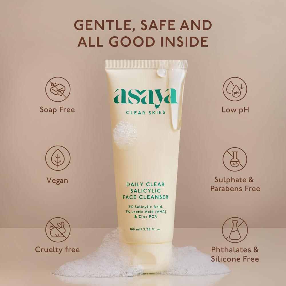 Asaya Daily Clear 2% Salicylic Acid Face Wash for Oily & Acne-Prone Skin with Lactic Acid & Zinc PCA