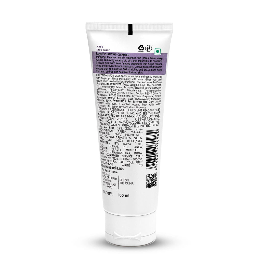 Kaya Acne Care Purifying Cleanser Salicylic Acid Face Wash Reduces Acne & Pimples for Pimple Prone Skin Face Wash for Oily Skin, 100ml