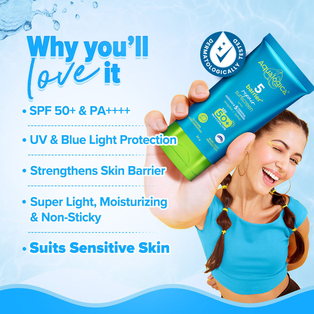 Aqualogica 5 Barrier+ Repair Sunscreen With Avocado & 5 Essential Ceramides SPF 50 PA++++ UVA/B