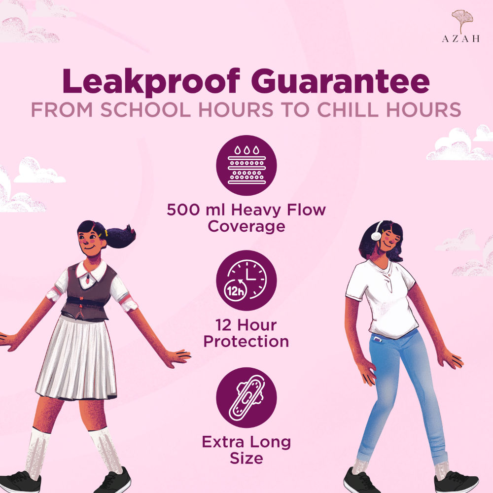 AZAH Teen Sanitary Pads For Girls, Heavy Flow Coverage, 12 Hour Leakproof, Wider