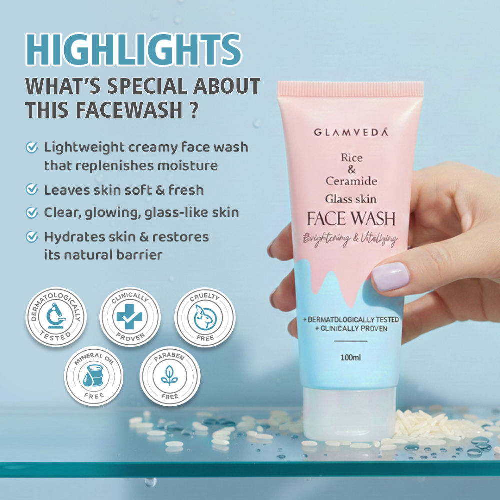 Glamveda Rice Water & Ceramide Glass Skin Brightening Face Wash
