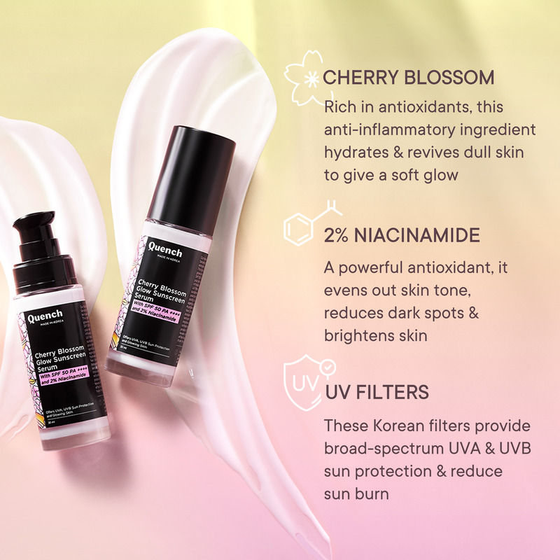 Quench Cherry Blossom Glow Sunscreen Serum SPF 50 PA++++ with 2% Niacinamide