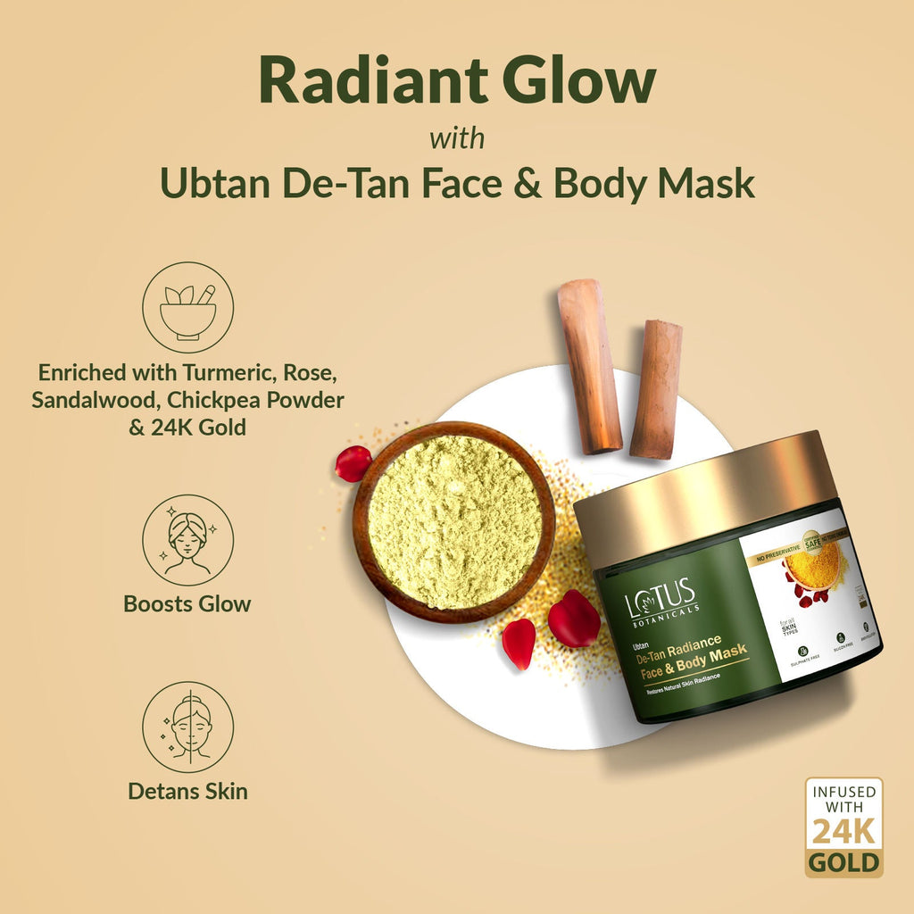 Lotus Botanicals Ubtan De-Tan Radiance Face And Body Mask,Infused with 24K Gold,Reduce Skin Tanning
