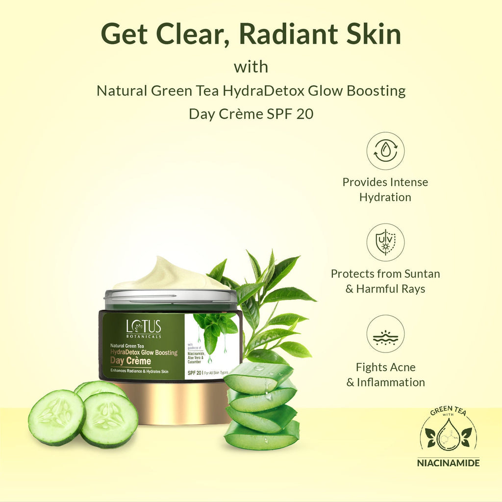 Lotus Botanicals Natural Green Tea HydraDetox Glow Boosting Day Face Cream SPF 20 With Niacinamide