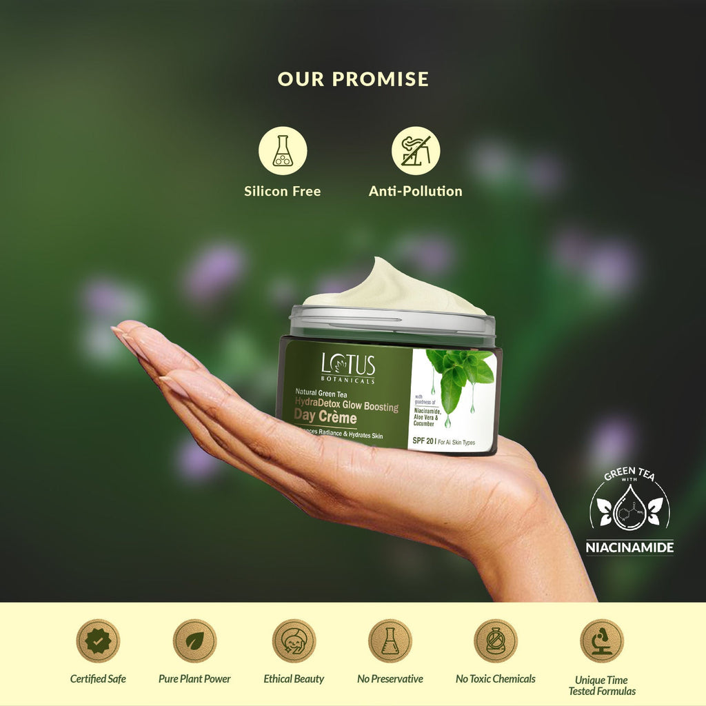 Lotus Botanicals Natural Green Tea HydraDetox Glow Boosting Day Face Cream SPF 20 With Niacinamide