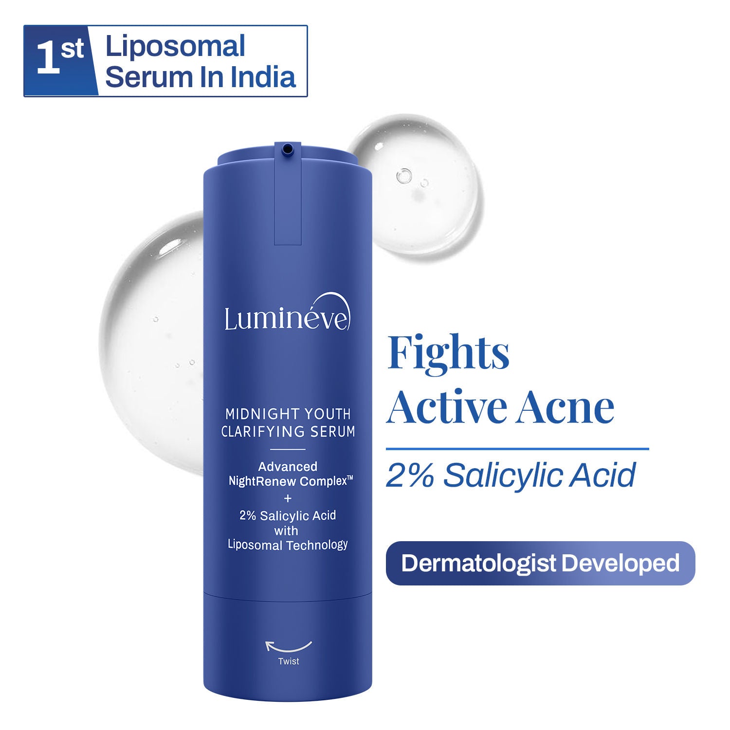 Lumineve 2% Salicylic Acid Face Serum for Active Acne & Pores with Advanced NightRenew Complex