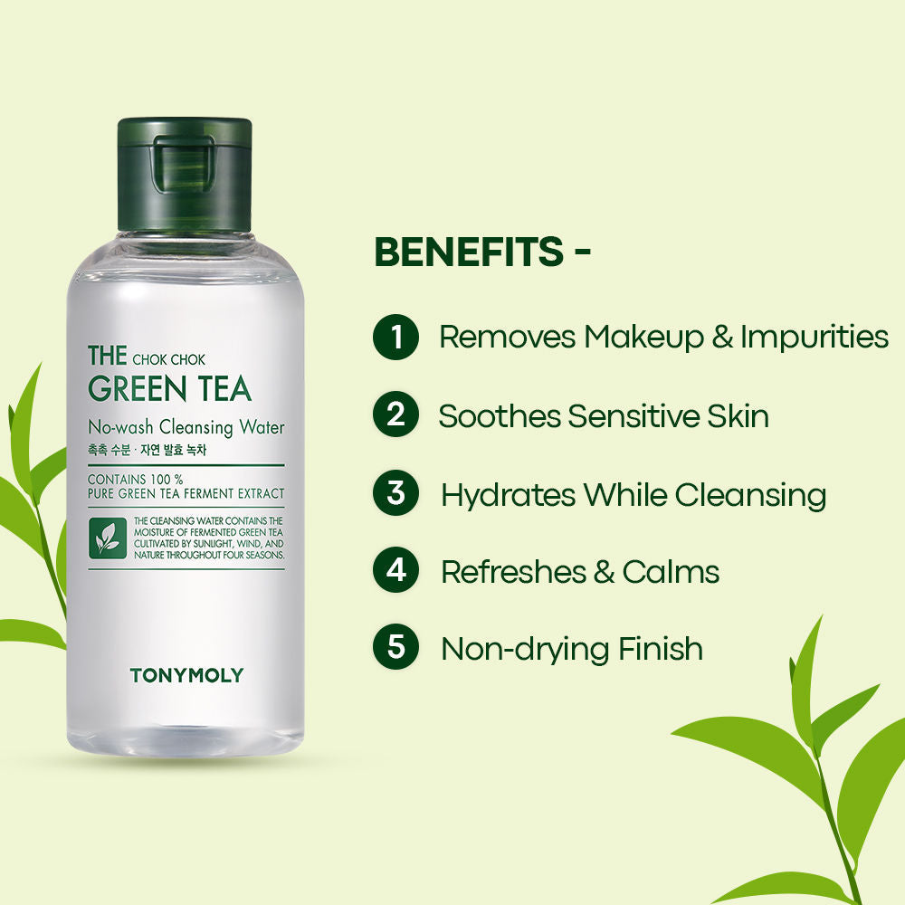 TONYMOLY Korean The Chok Chok Green Tea Cleansing Water to Purify & Hydrate Sensitive, Tired Skin