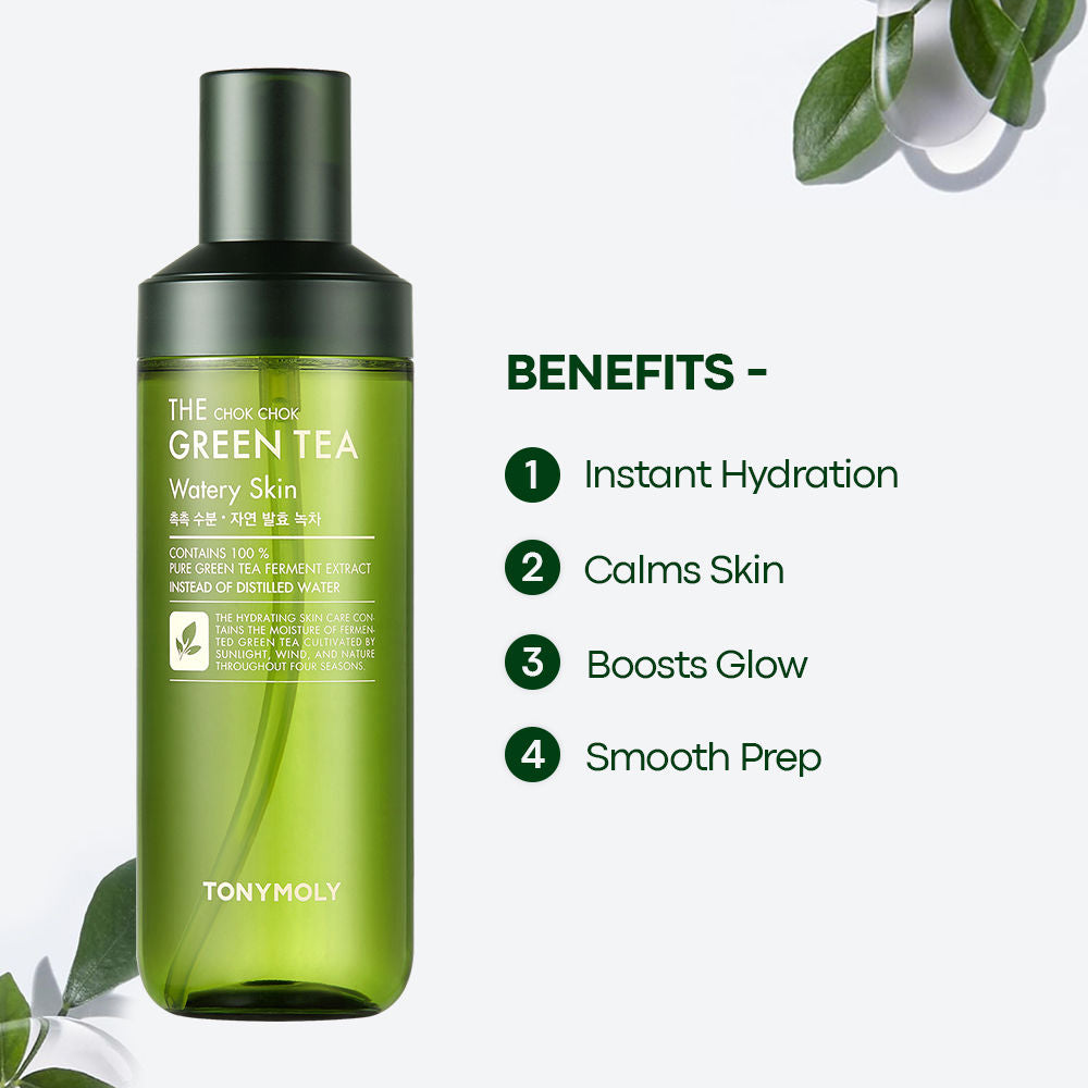 TONYMOLY Korean The Chok Chok Green Tea Watery Skin Toner to Hydrate, Soothe & Brighten Dull Skin