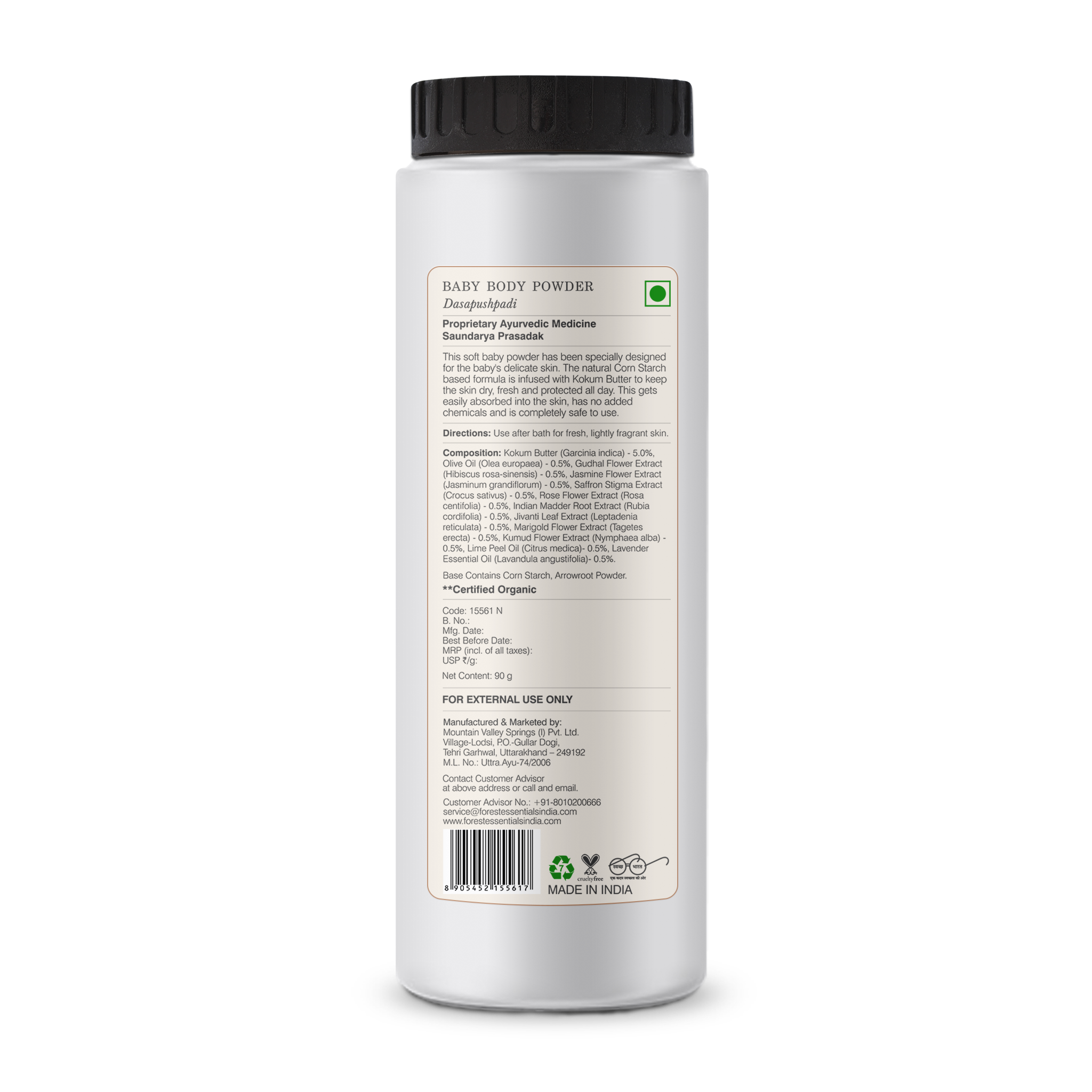 Forest Essentials Baby Body Powder Dasapushpadi - Talc Free Natural Baby Powder - Safe & Natural