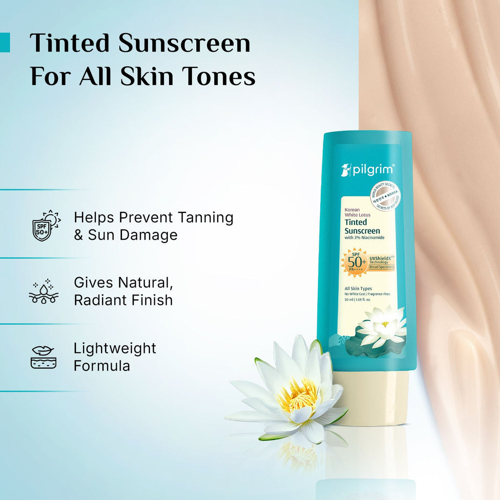 Pilgrim Korean White Lotus Tinted Sunscreen SPF 50+ PA++++ With 3% Niacinamide