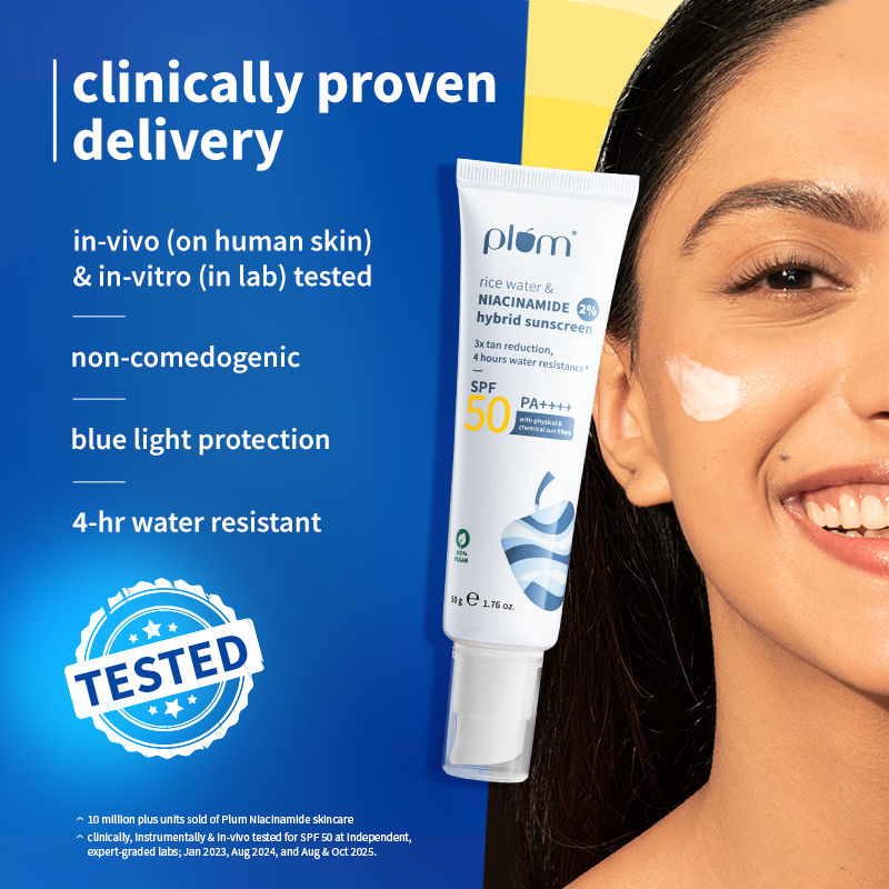 Plum 2% Niacinamide & Rice Water SPF 50 PA+++ Sunscreen, Fades Tan, For Oily To Dry Skin Type