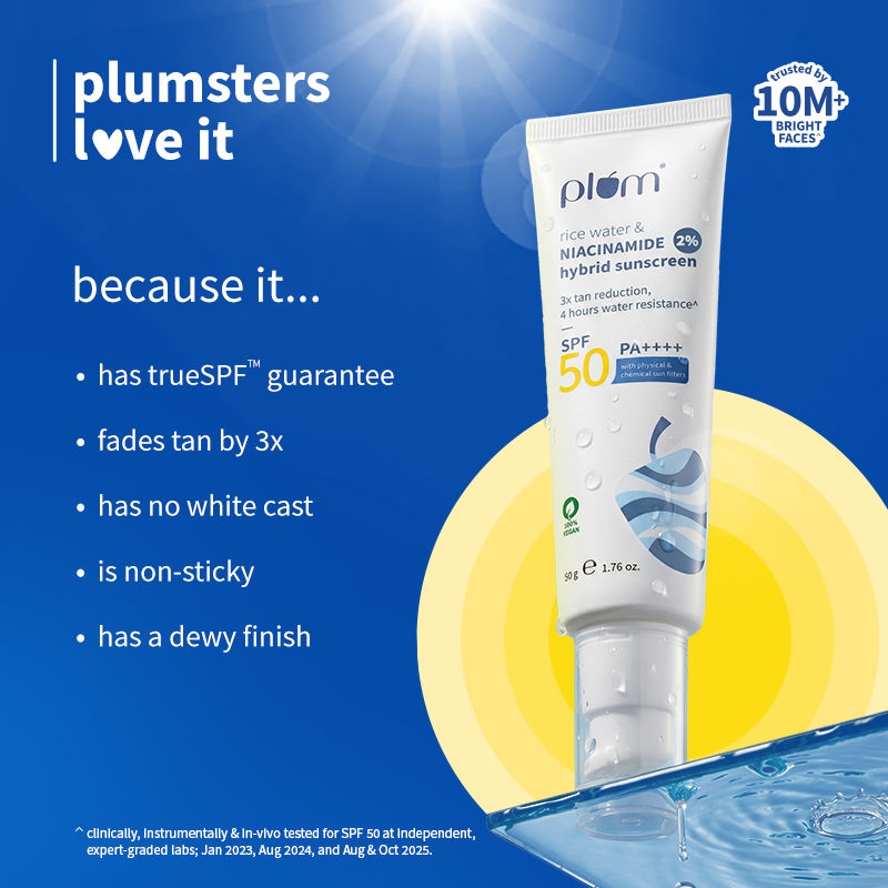 Plum 2% Niacinamide & Rice Water SPF 50 PA+++ Sunscreen, Fades Tan, For Oily To Dry Skin Type