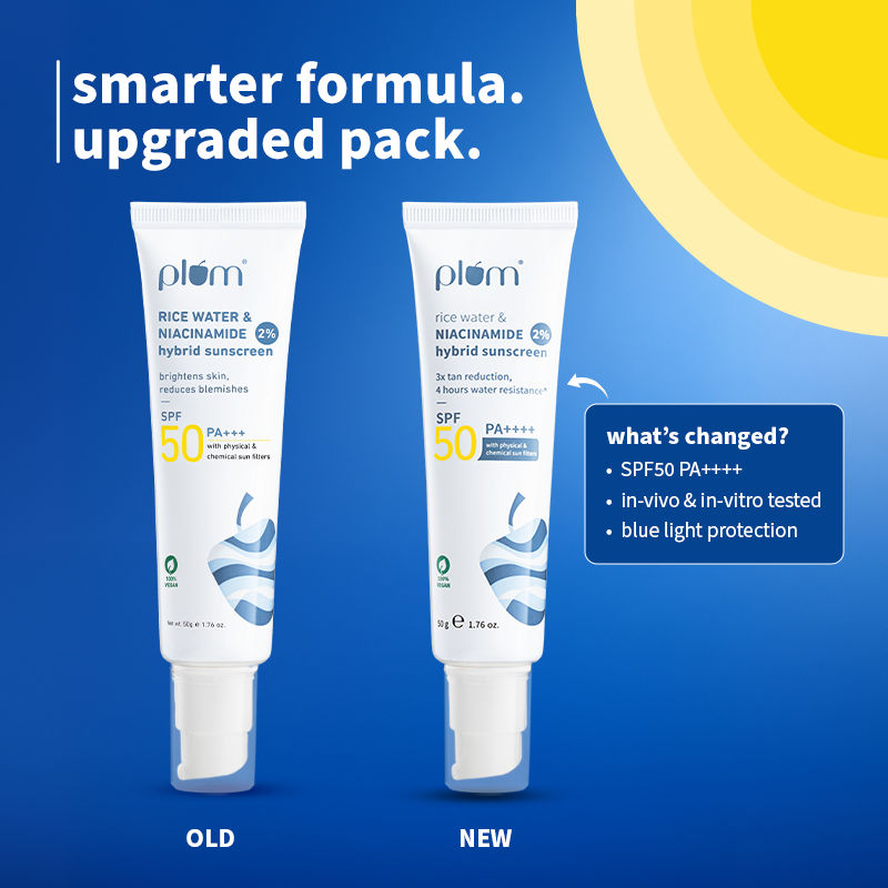 Plum 2% Niacinamide & Rice Water SPF 50 PA+++ Sunscreen, Fades Tan, For Oily To Dry Skin Type