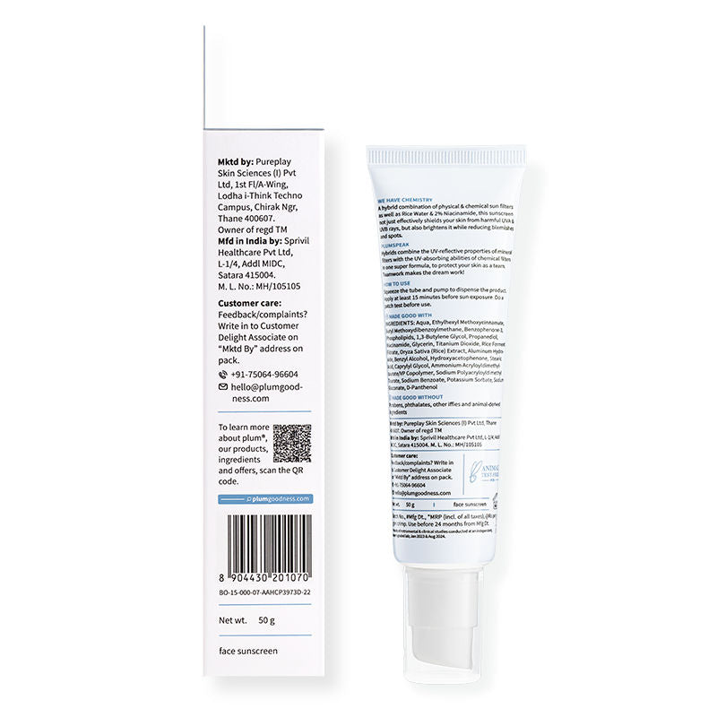 Plum 2% Niacinamide & Rice Water SPF 50 PA+++ Sunscreen, Fades Tan, For Oily To Dry Skin Type