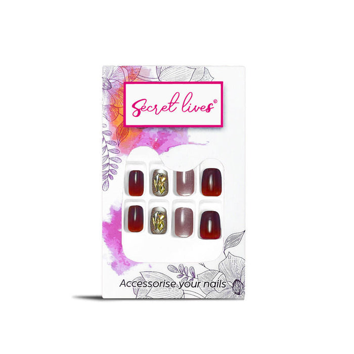 Secret Lives Cats Eye Crystals Design Dark Red Color Press on Nails