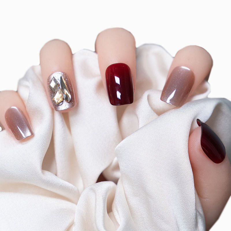 Secret Lives Cats Eye Crystals Design Dark Red Color Press on Nails