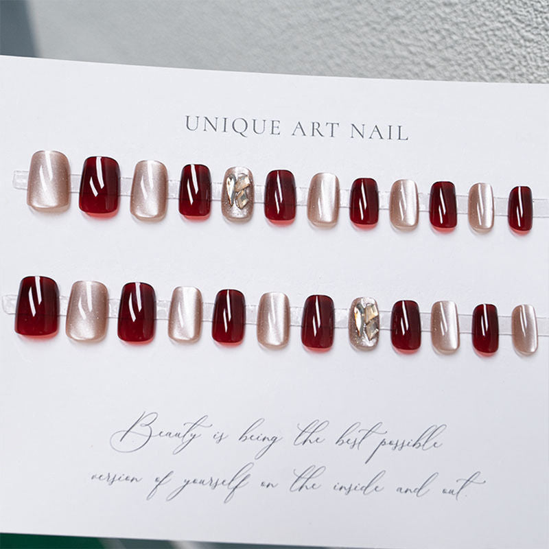 Secret Lives Cats Eye Crystals Design Dark Red Color Press on Nails