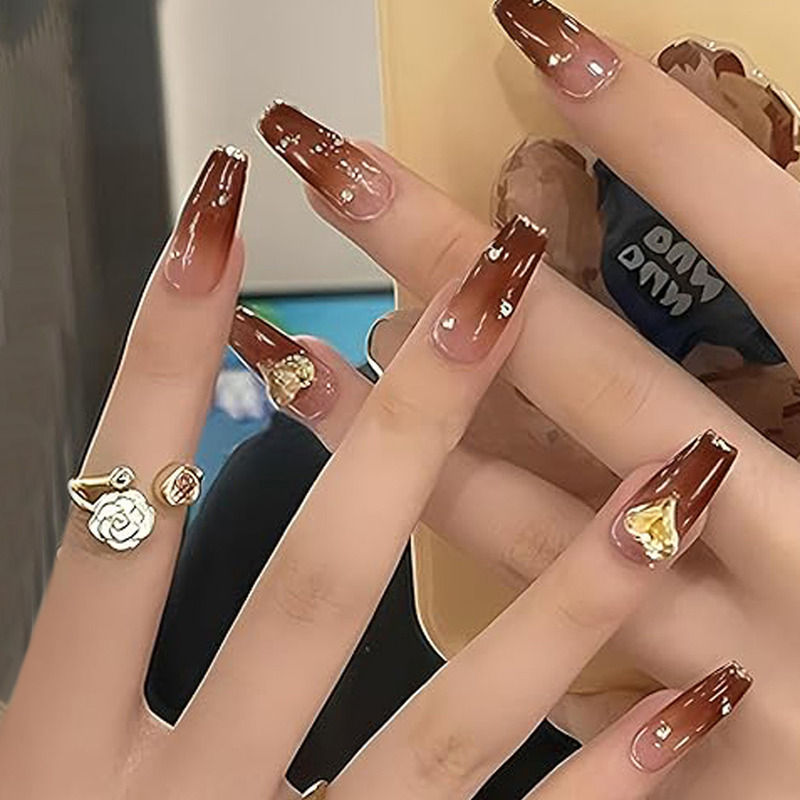 Secret Lives Translucent Brown Color with 3D Studs & Golden Glitters Press On Nails