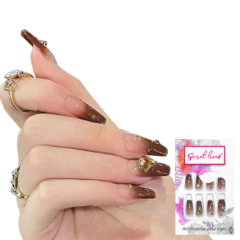 Secret Lives Translucent Brown Color with 3D Studs & Golden Glitters Press On Nails
