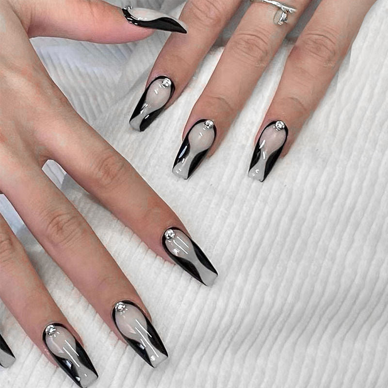 Secret Lives Black Color Curve Design with 3D Studs Press On Nails