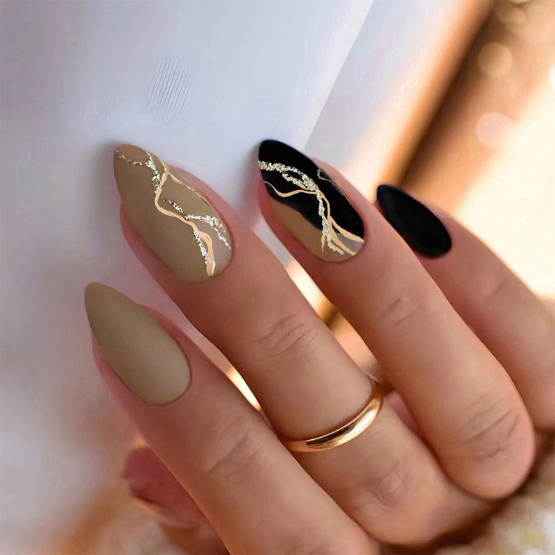 Secret Lives Brown & Black Color with Golden Glitter Design Press On Nails