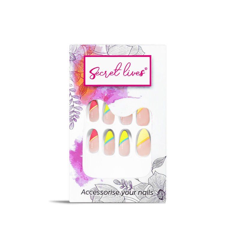 Secret Lives Pink Orange Green Blue Color Fake Nails