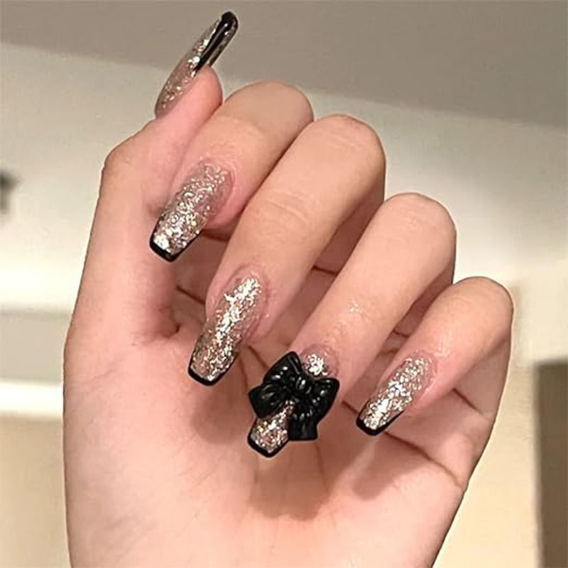 Secret Lives Pink Color with Golden Glitter & 3D Black ButterFly Press On Nails