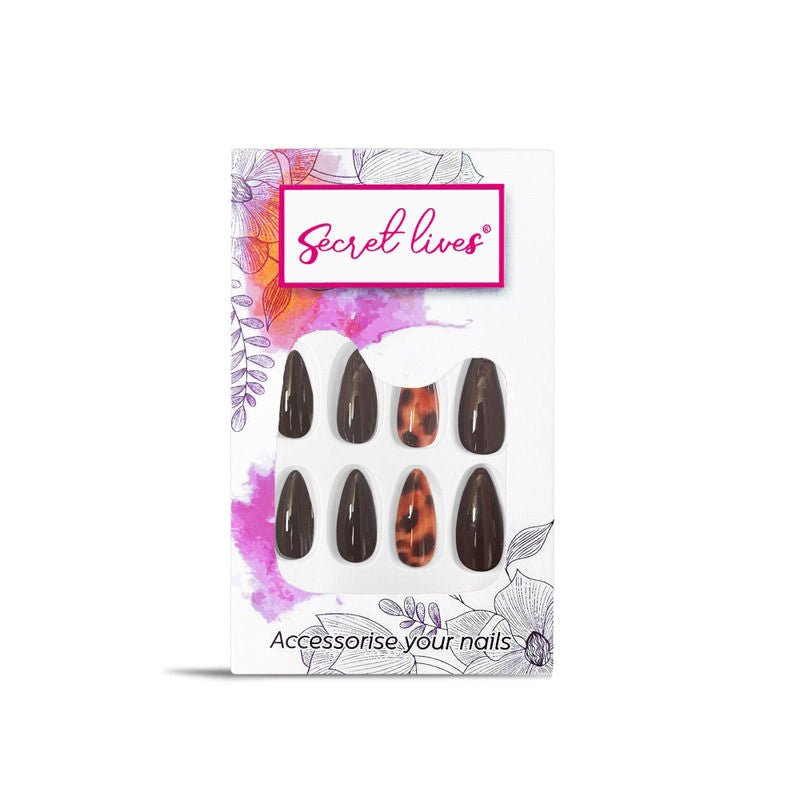 Secret Lives Dark Brown Color with Translucent Leopard Print Press On Nails