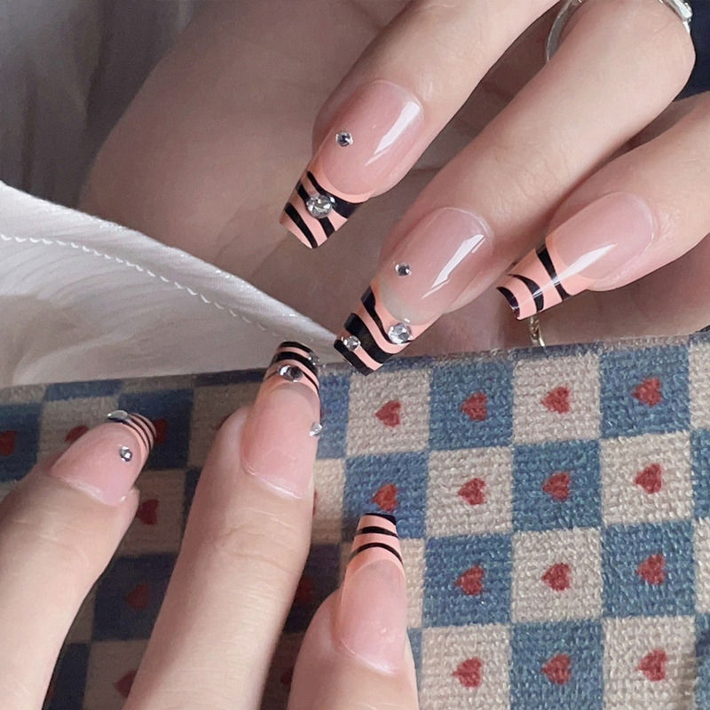 Secret Lives Peach Black Color with 3d White Studs & Heart Press On Nails
