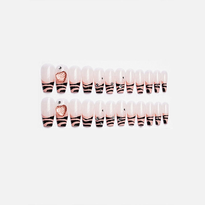 Secret Lives Peach Black Color with 3d White Studs & Heart Press On Nails