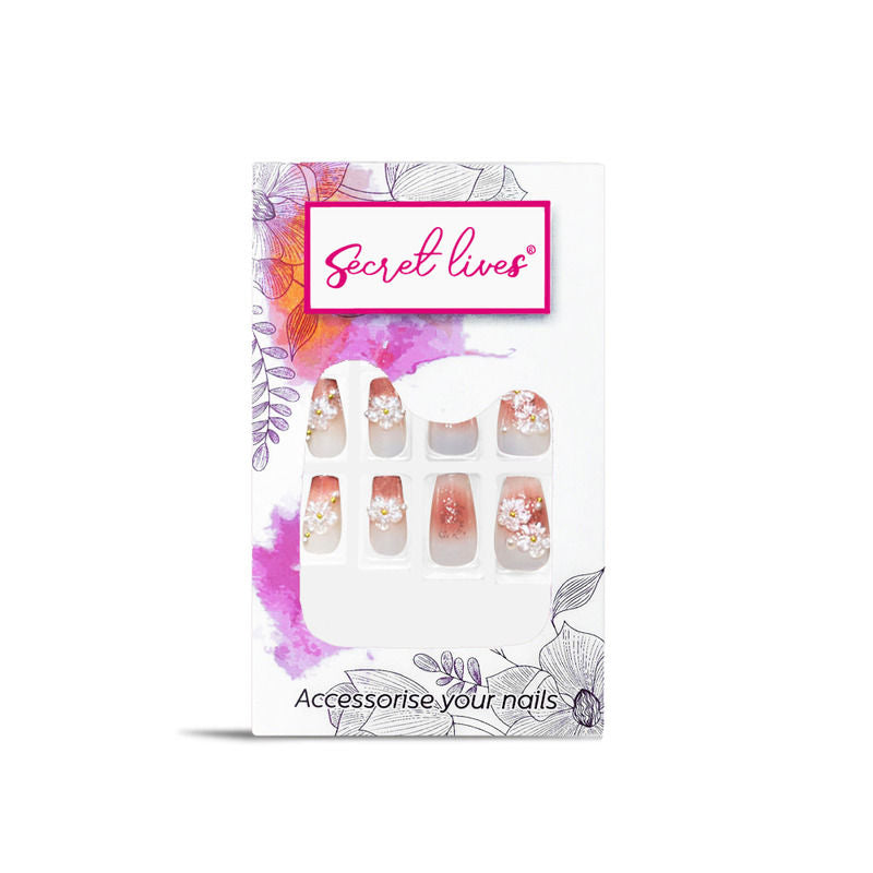 Secret Lives Pinkish Wine Color with 3D Flowers Pearl & Glitter Press On Nails