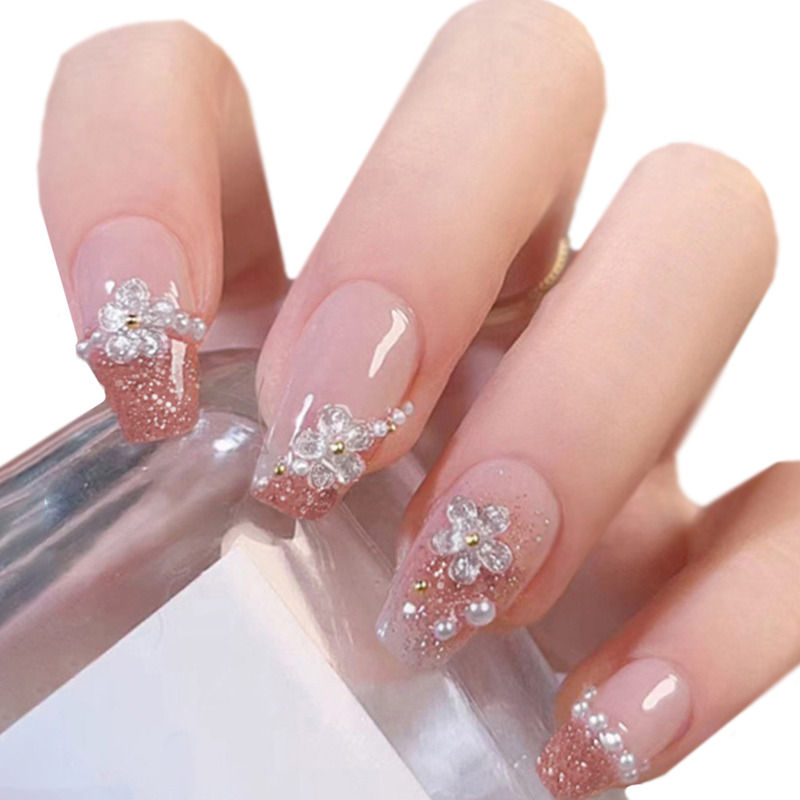 Secret Lives Pinkish Wine Color with 3D Flowers Pearl & Glitter Press On Nails