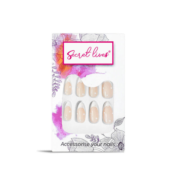 Secret Lives Almond Shape Cream Color with 3D White Pearls Press On Nails